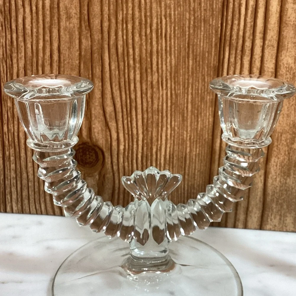 Vintage Paden City Clear Glass Double Candle Holders